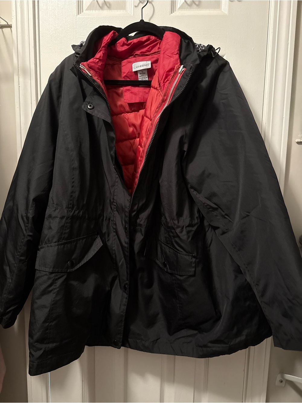 Catherines Black Jacket with Red Quilted Puffer Lining
